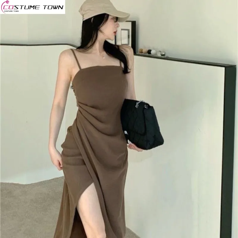 

Spring and summer Paris street new slim fit slit fashion suspender mid to long style hip hugging dress trendy