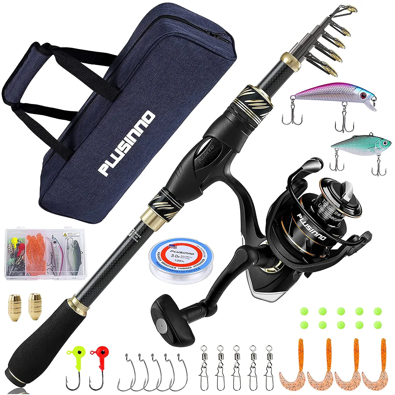 PLUSINNO Fishing Pole Fishing Rod and Reel Combos Carbon Fiber Ⅸ Telescopic Fishing Pole with Spinning Reels Fishing Rod Kit