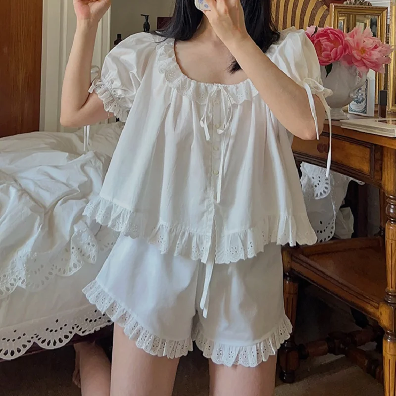 Vintage White Cotton Shorts Pajamas Sets For Women Delicate Sweet Sleepwear Suits Summer Girls Nightwear