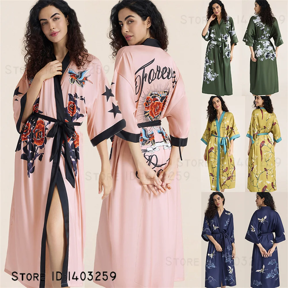 

Женский длинный халат с цветочным принтом, кимоно, халат, сексуальная одежда для сна из ледяного шелка, ночная рубашка, свободная повседневная одежда для дома, домашнее платье, пеньюар