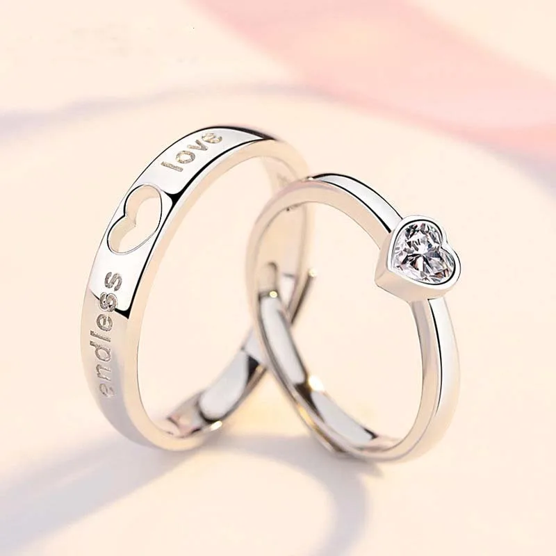 2Pcs Zircon Heart Couple Rings Set Adjustable Forever Endless Love Wedding Ring for Women Men Valentine's Day Party Jewelry