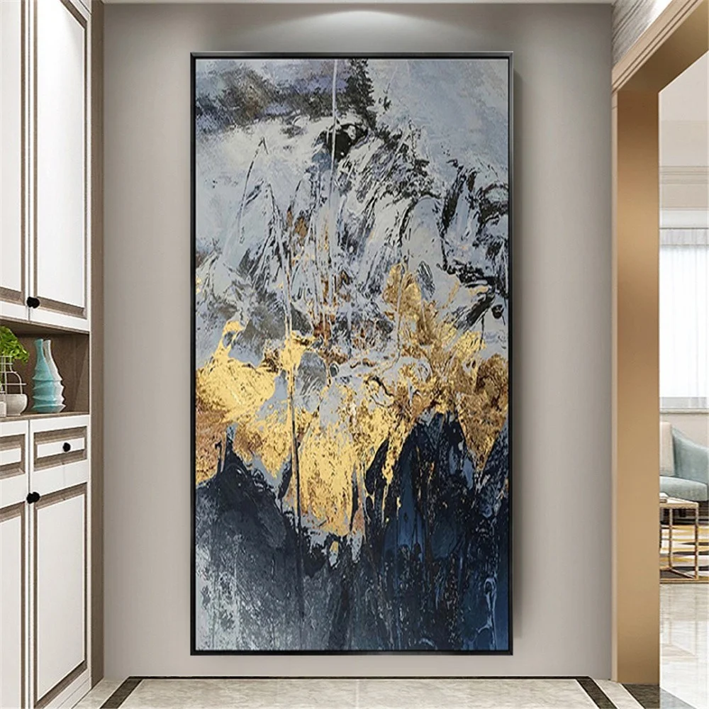 100% Hand-Painted Oil Painting Glod Foil Modern Abstract Mural Snow Mountain Landscape Wall Art Picture For Home Decor Artwork