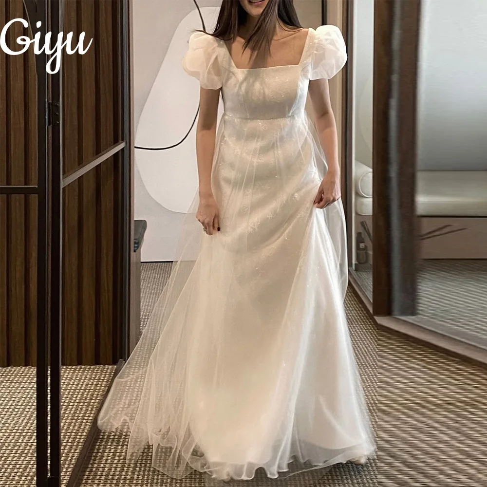 

Giyu Square Collar A-line Tulle Wedding Dresses Short Sleeves Sparkly Korea Photoshoot Bridal Gown 웨딩드레스 Customized 2025