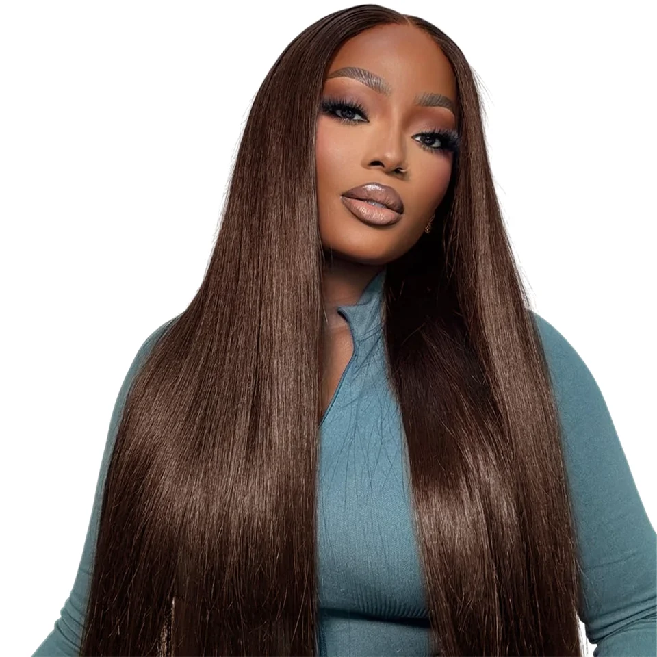 

30inch Brown Straight Human Hair Wigs Preplucked Chocolate Color #4 4x4 HD Pre Cut Lace Brown Straight Glueless Wigs Human Hair