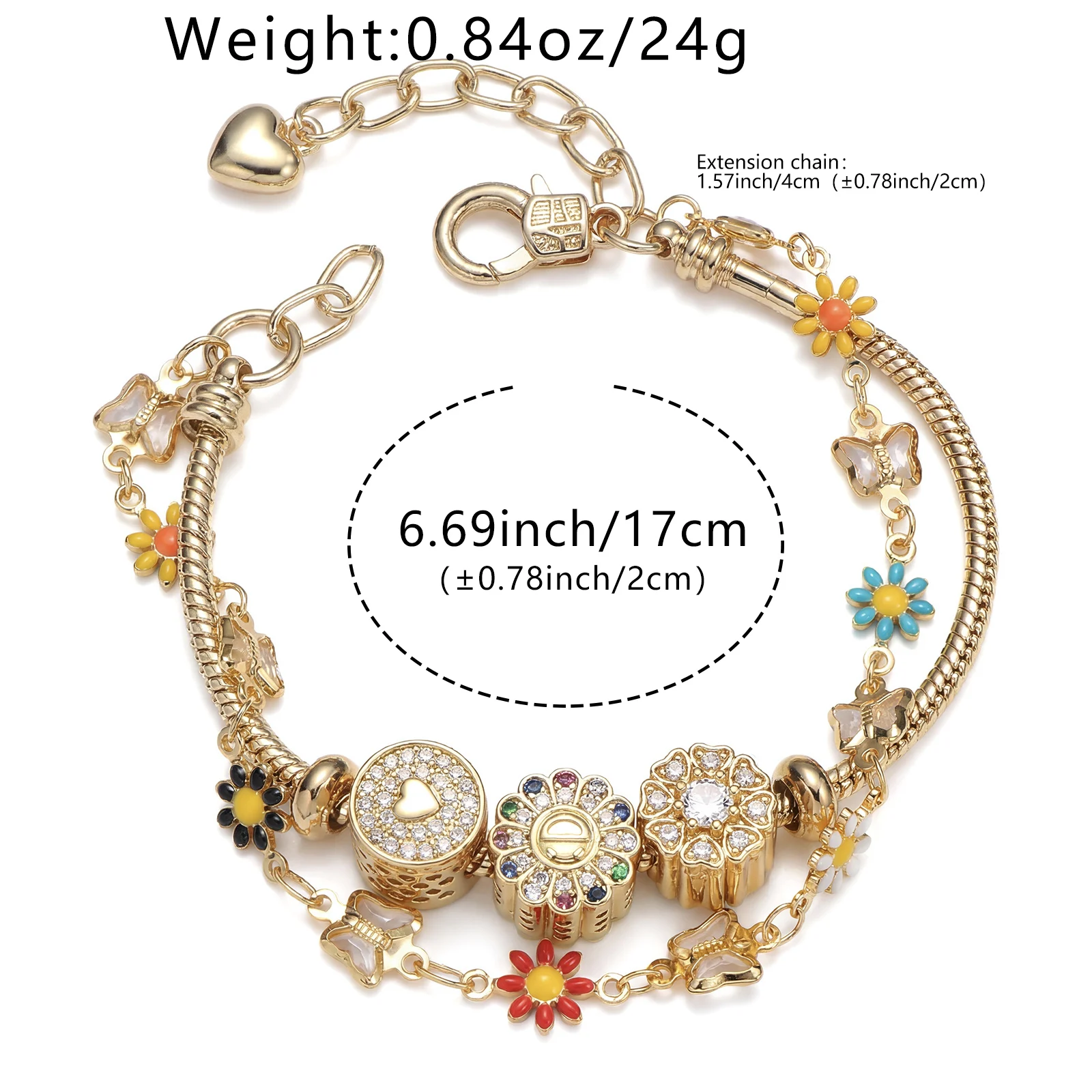 Golden Adjustable Bracelet with Synthetic Zircon Daisy & Butterfly Charms for Women Boho Jewelry Gift
