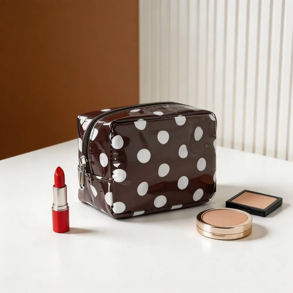 New Waterproof Cosmetic Bag Square Shape with Zipper Makeup Bag Polka Dot Pattern Glossy Surface Toiletry Bag Travel Use