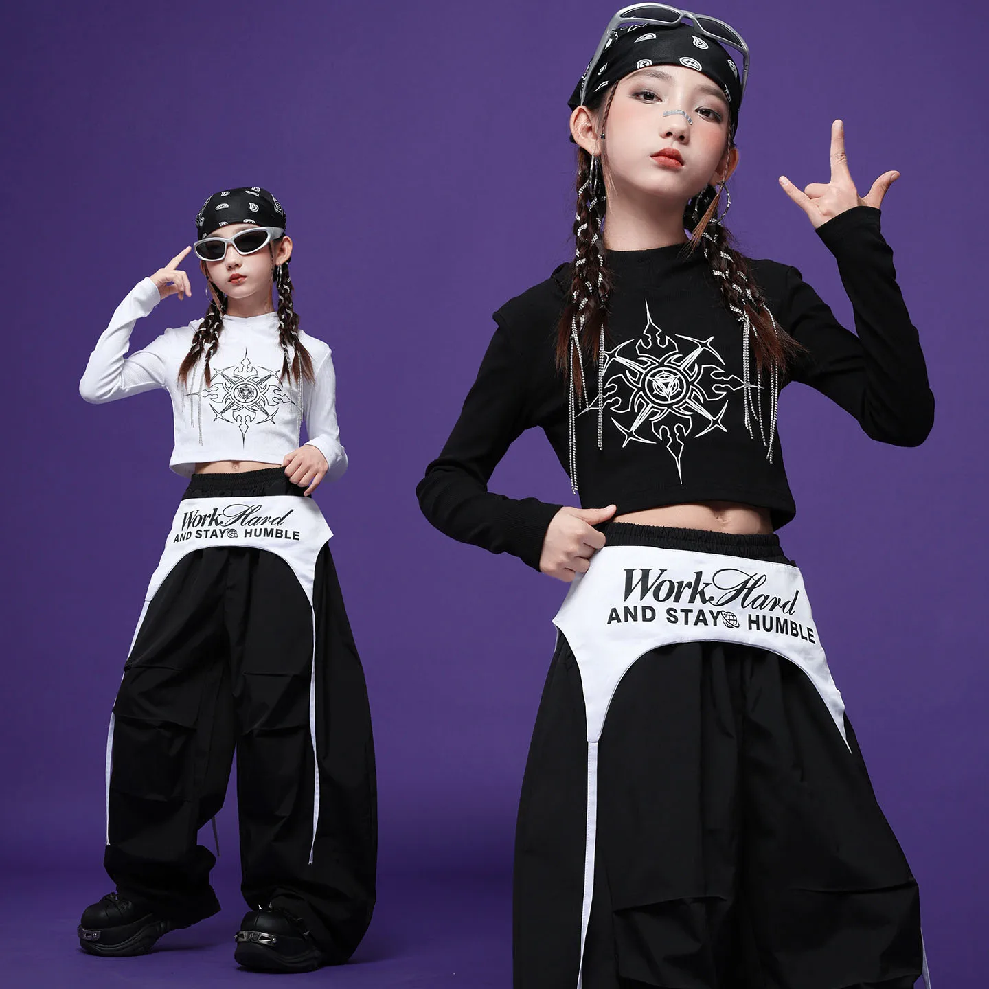 Kid Kpop Abbigliamento Hip Hop Nero Grigio Crop Felpa con cappuccio T Shirt Casual Pantaloni larghi da paracadute per ragazza Ragazzo Costumi di danza di strada Vestiti