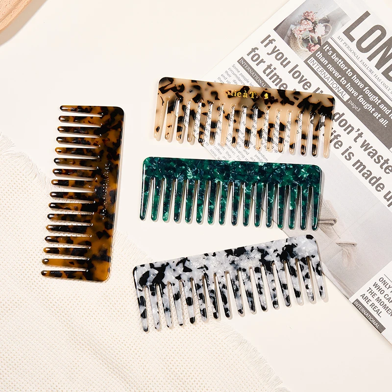 고객 로고 포함 한국 스타일 대리석 패턴 아세테이트 빗 여성용 럭셔리 와이드 티스 안티스태틱 헤어 콤 패션 헤어케어 도구