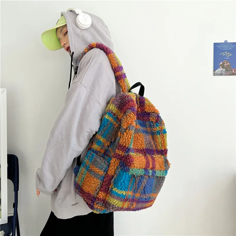 Fashion Versatile Checker Panel Color Lamb Fleece Women's Backpack Autumn Winter Trend Simple Large Capacity Storage Bags