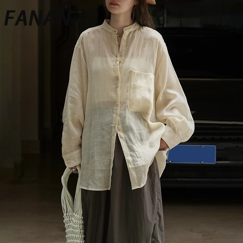 

FANAN минимализм льняные солнцезащитные рубашки для женщин однобортные повседневные свободные женские блузки с воротником-стойкой, новинка лета 2023 г.