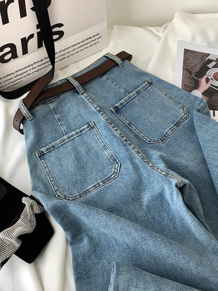2023 Office Lady Simple Daily Basic High Waist Jean Trousers Loose Wide Leg Straight Women Denim Pants Autumn New Korean Style