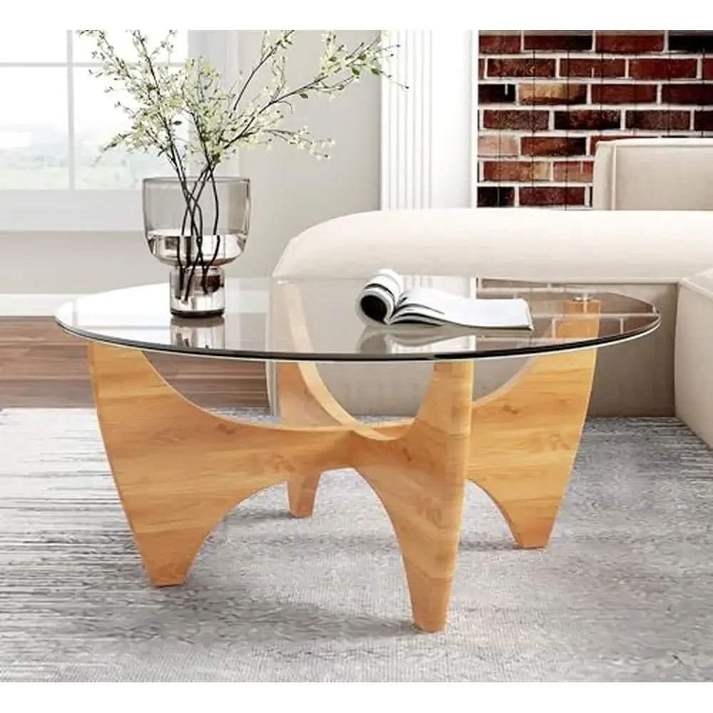 Wood Glass Coffee Table 35.5in Round Living Room Table Sculptural X-Shape Base Mid Century Modern Elegant Style Easy Assembly