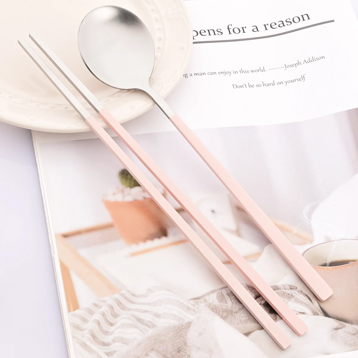 2Pcs Pink Silver Dinnerware Set Western Stainless Steel Cutlery Dinner Spoon Sushi Chopsticks Flatware Party Kitchen Tableware