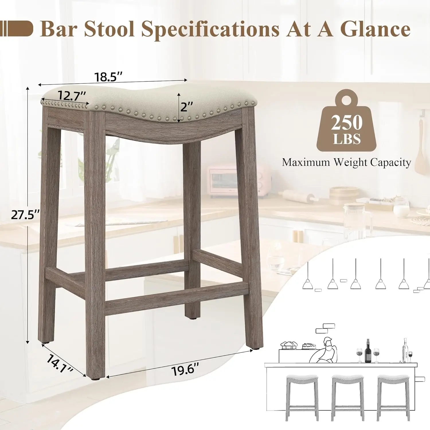 Abet Bar Stools Set Of 3, 27 Inch Counter Height Barstools With Wooden Frame & Footrest, Farmhouse Nailhead Modern Linen