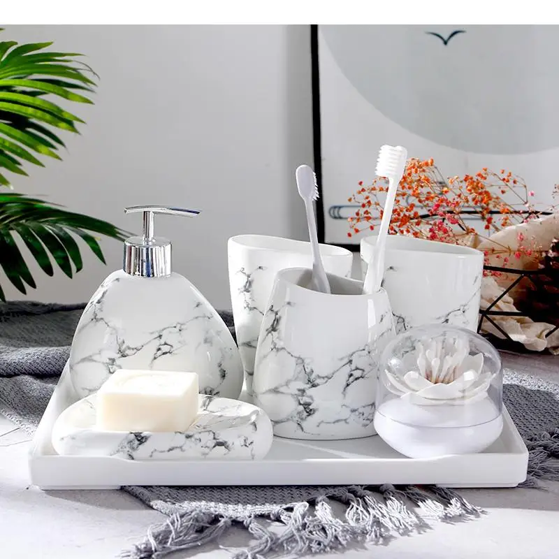 6pcs/set Imitation marble ceramics Bathroom Accessories Set Soap Dispenser/Toothbrush Holder/Tumbler/Soap Dish Products