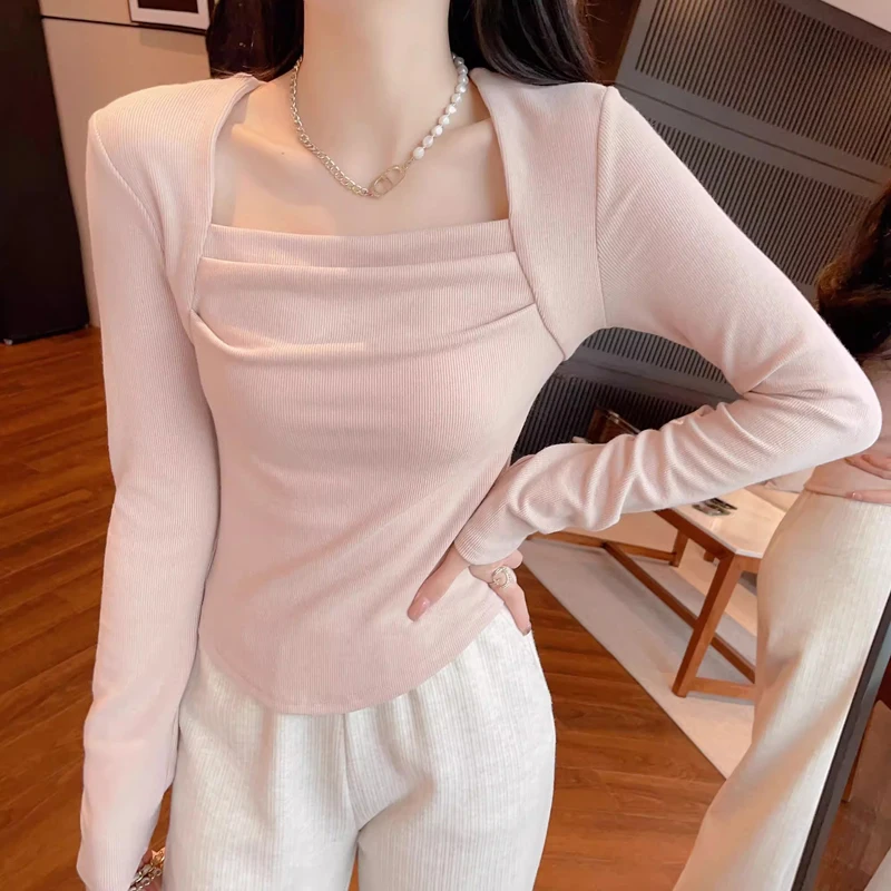 Women Clothing 2024 Spring Autumn Fashion Sexy Ruched Square Collar Basic T-shirt Y2K Female Casual Solid Long Sleeve Slim Tops