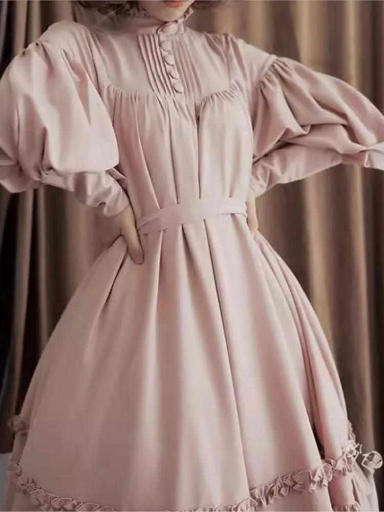 Foreign Style Woman's High Waist Dress Fashion Half-high Collar Solid Puffed Sleeves Midi Dresses Ladies Lace Splicing Vestidos