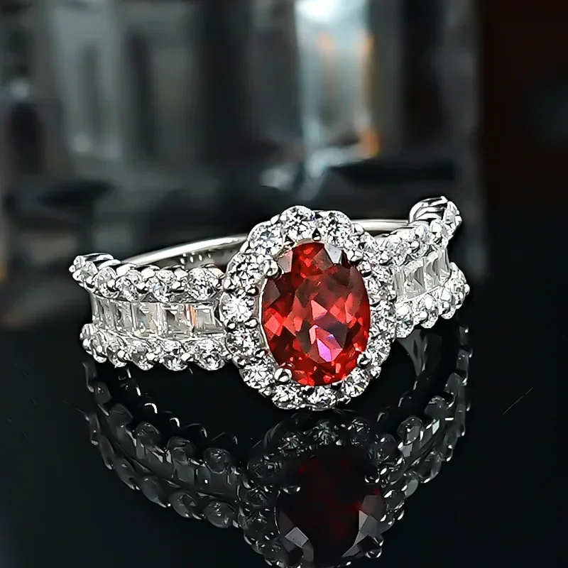 Light luxury pigeon blood red treasure s925 silver ring inlaid with high carbon diamond oval temperament, niche high-end female