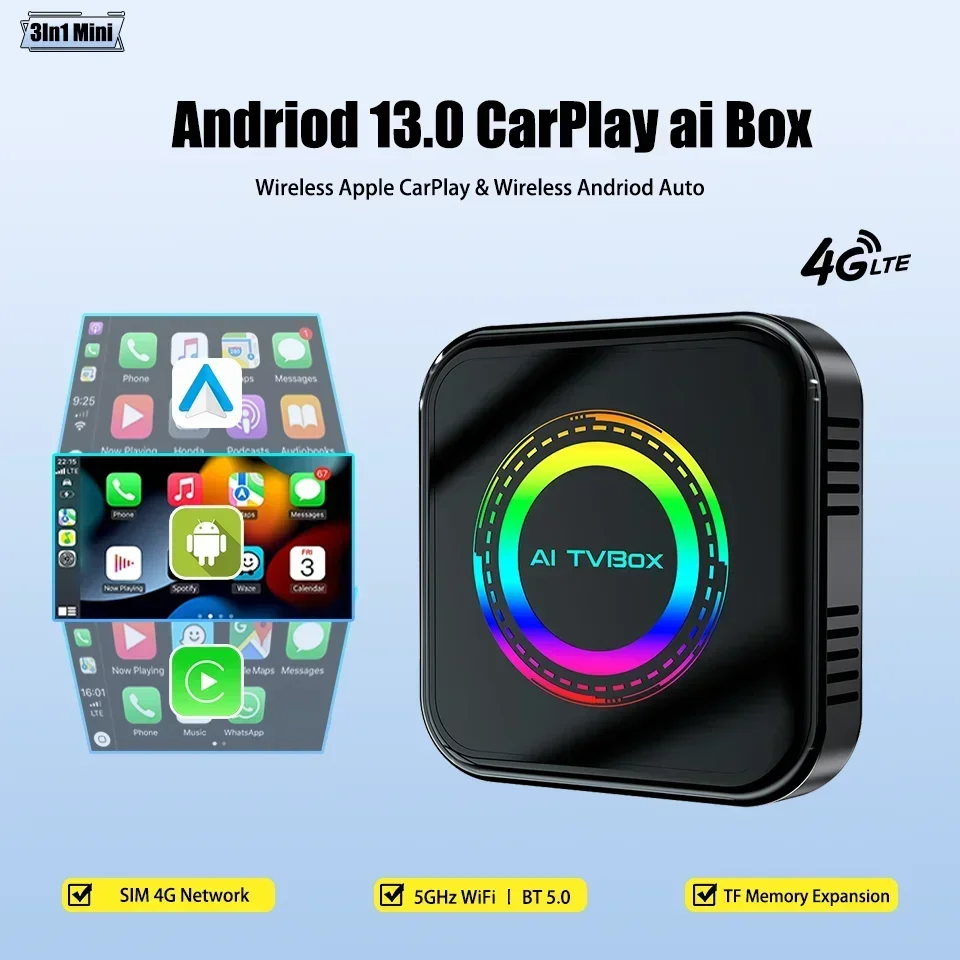 Android 13 Ai Video Box QCM 6225 8+128G Apple CarPlay & Android Auto 3in1 Multimedia Box Built-in Netfilx Youtube Google Play