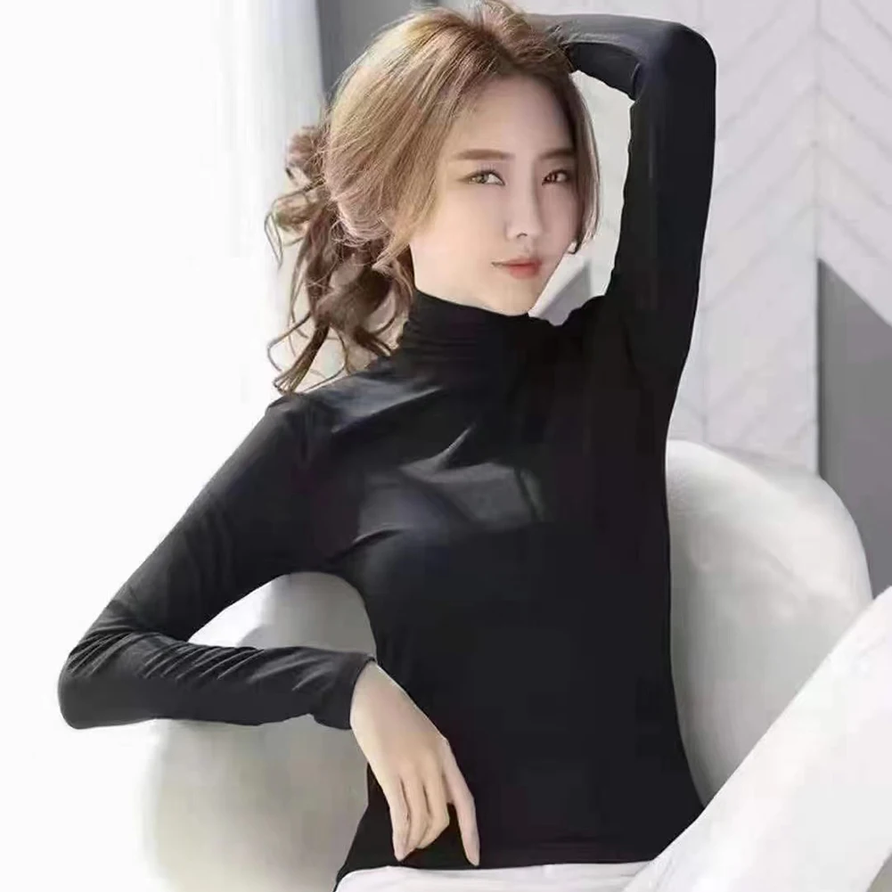 Women's Long Sleeved Base Shirt Basic Turtleneck Long Sleeve Women T-Shirt Autumn Winter Slim Sexy All-Match Tee