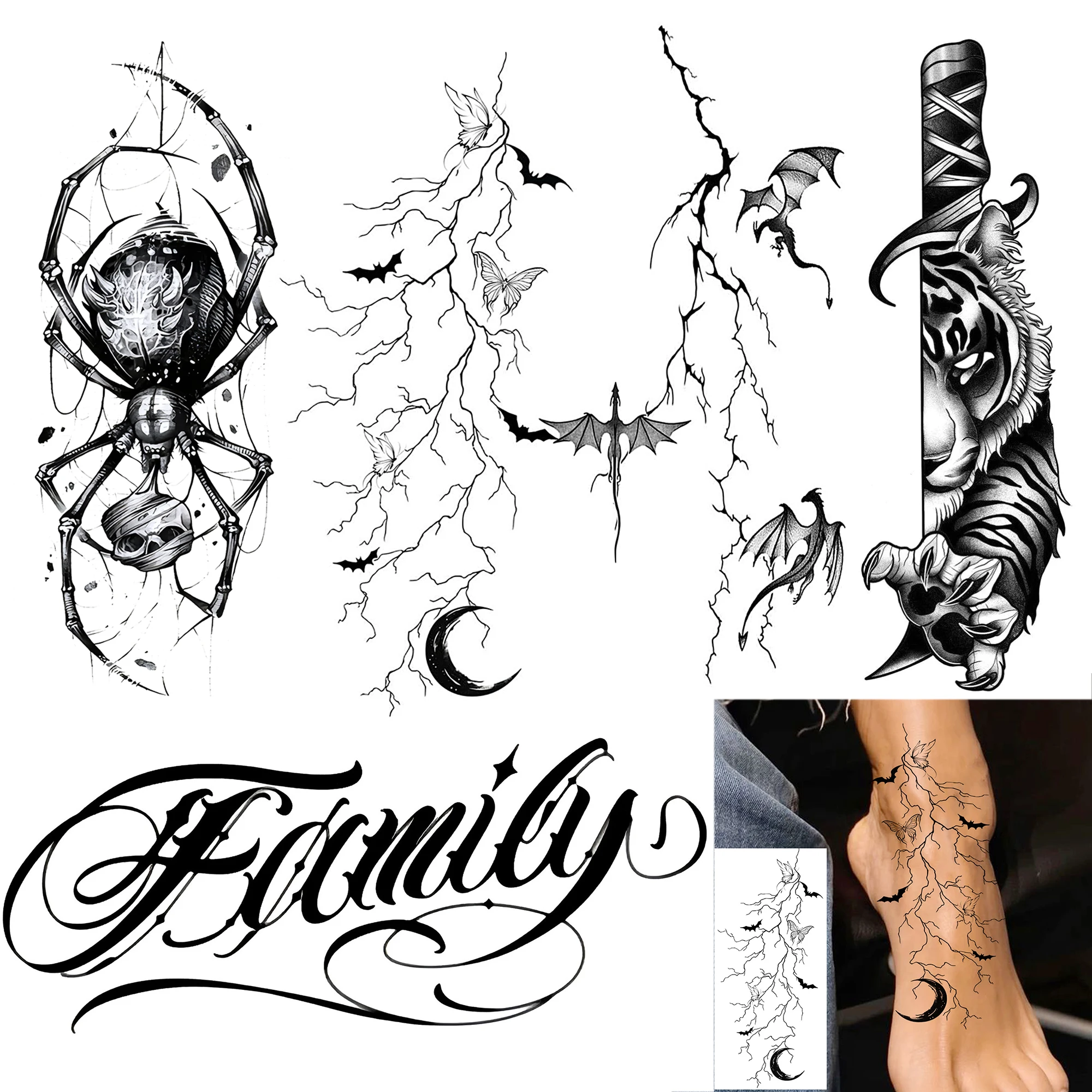 1 Sheet Gothic Temporary Tattoo Stickers Spider Dragon Tiger Family For Adult Foot Forearm, Waterproof Long Lasting Fake Tattoos