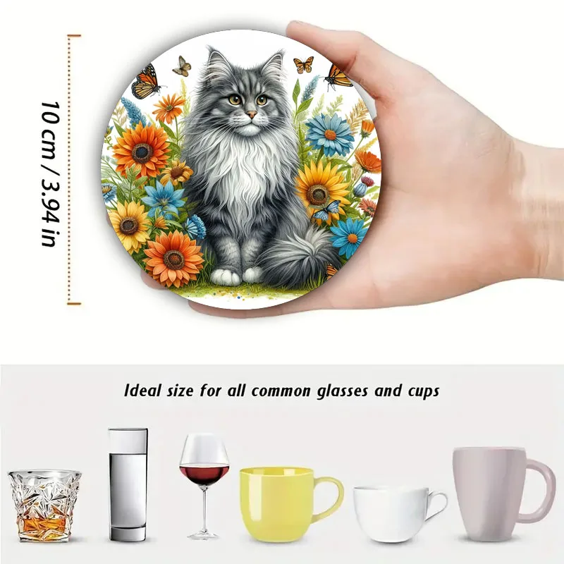4 Cat print coasters, suitable for daily family party decoration, kitchen, office, non-slip wooden coasters, holiday gifts