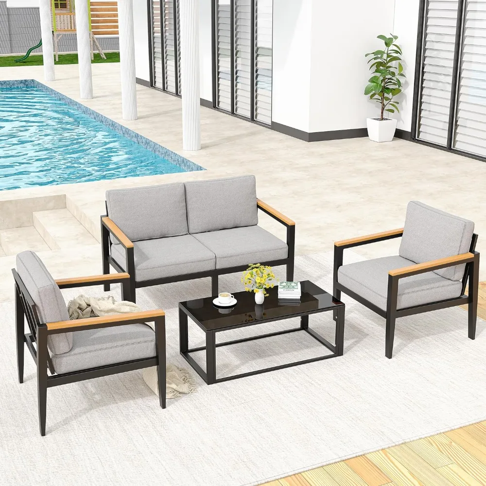 

4-piece modern outdoor conversation set with 4-inch cushions and tempered glass table, outdoor furniture set in light gray