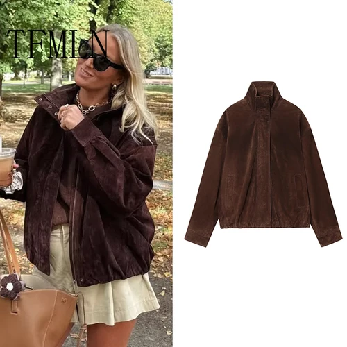 Imagen 2 del producto TFMLN nueva moda chaquetas de gamuza para mujer 2025 bolsillos femeninos elegante abrigo cálido Chic calle cremallera abrigos casuales