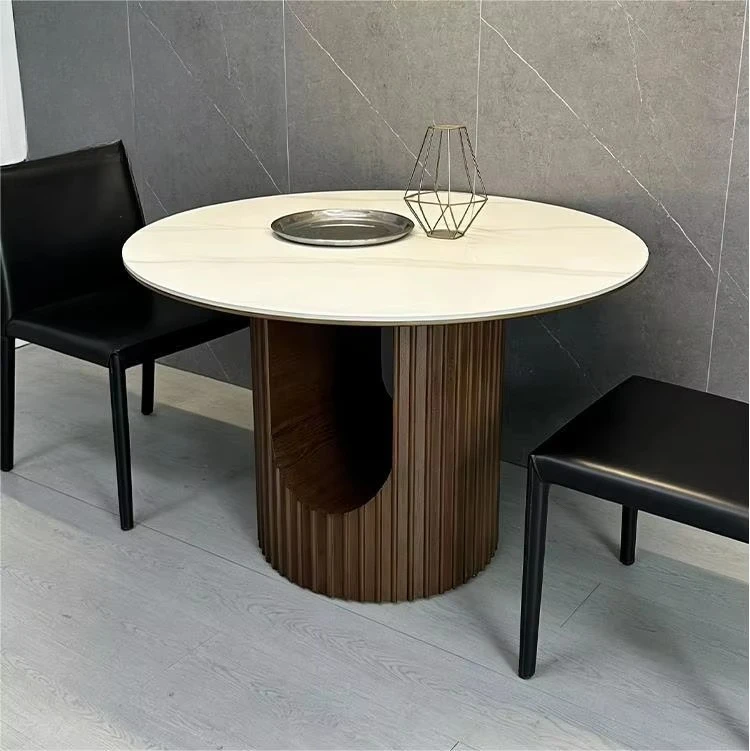 &c Dining Table Solid Wood Base Sintered Stone Top Round Shape U-Cutout Design for Living Room Home Interior Decor Mesa