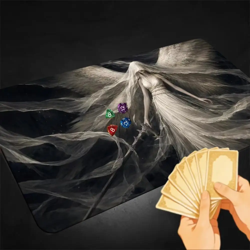 Dark Ghost Angel Tattered Veil Wings TCG Playmat Dark Fantasy Art Premium Rubber Large Gaming Desk Mat Decor Gift for Gamers