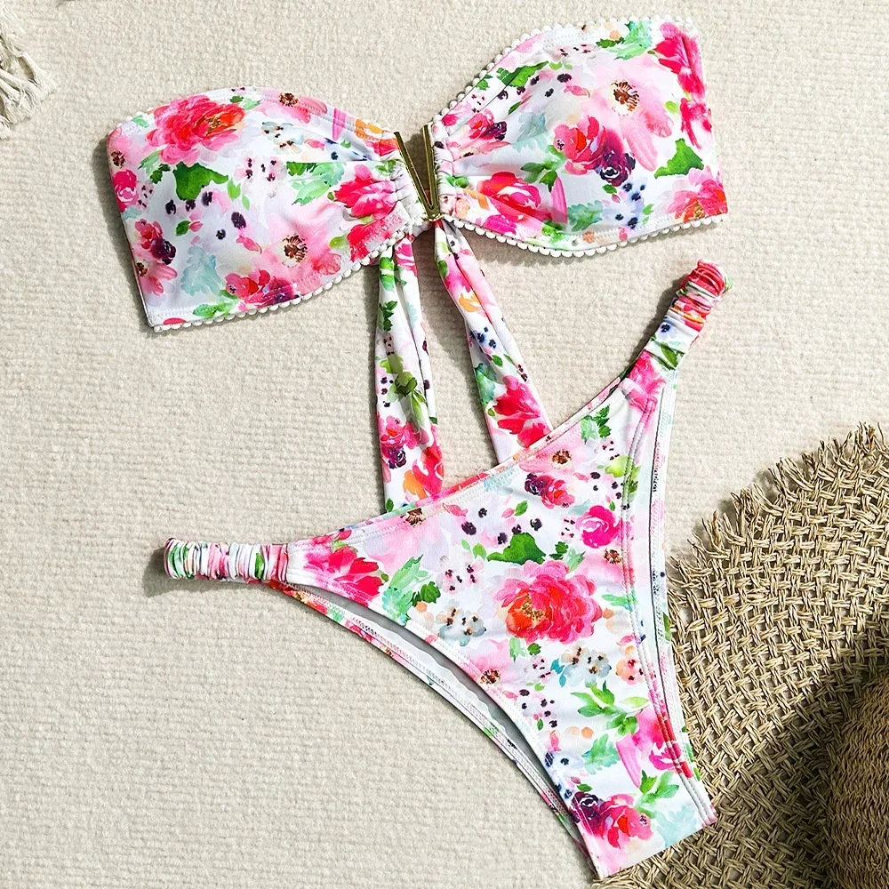 

Cute Floral Bikini Bowknot Bandage Bandeau Swimsuit V-wire Border Vacation Swimwears Women Flowers Beach Outfit Bath Suit Tangas