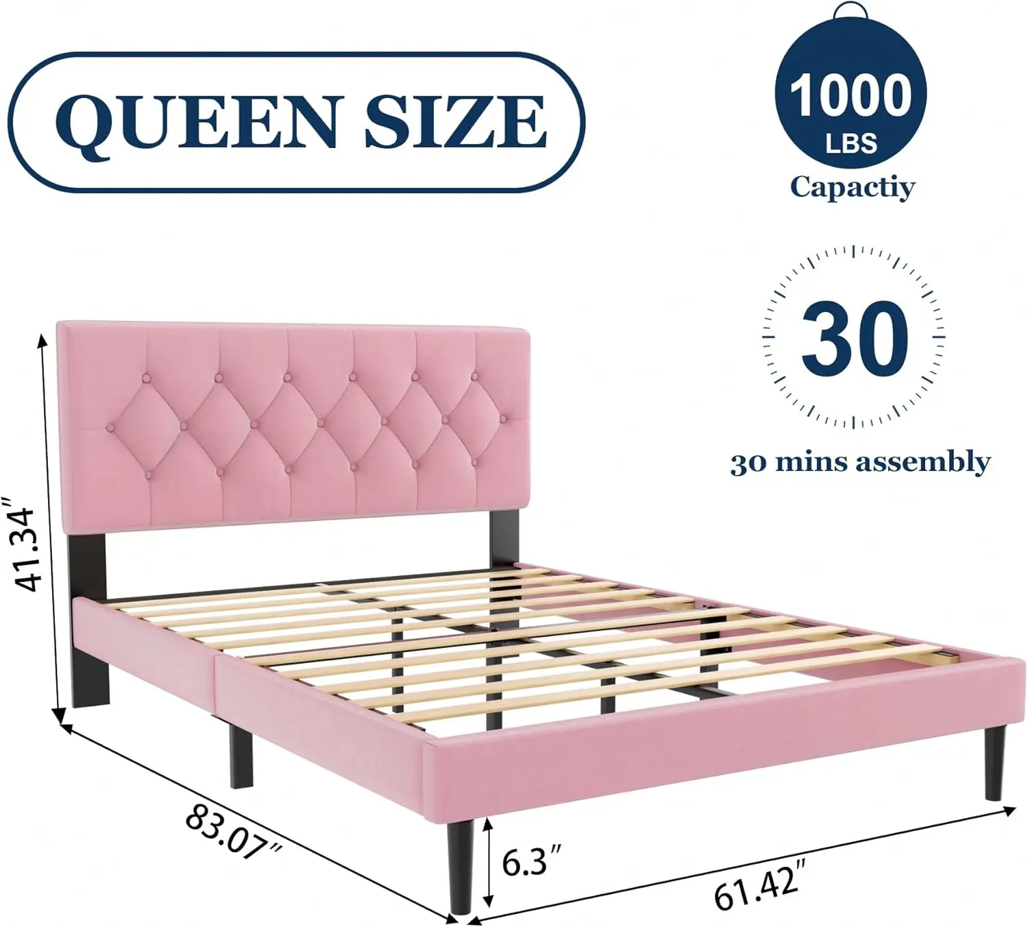 2024 NEW Queen Size Platform Bed Frame with Velvet Upholstered Headboard, Button Tufted Design, No Box Spring Needed, Pink