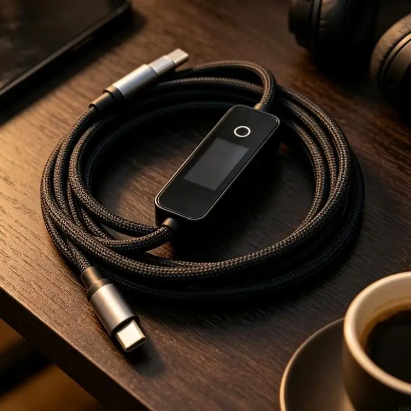 Type C to Type C Charging and Data Cable with Integrated Color Screen, Power Delivery 3.1, Up to 240W Charging, Power and F19E