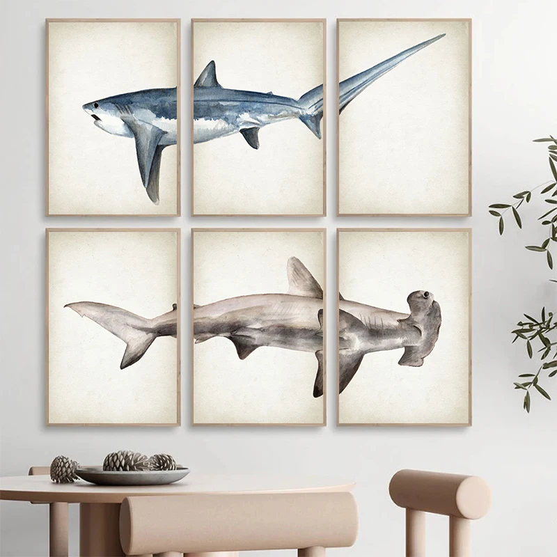 Nordic Blue Whale Shark splicing Wall Art Canvas Painting Poster Aesthetic Retro For Home Room Nursery Kids Room Decor Frameless