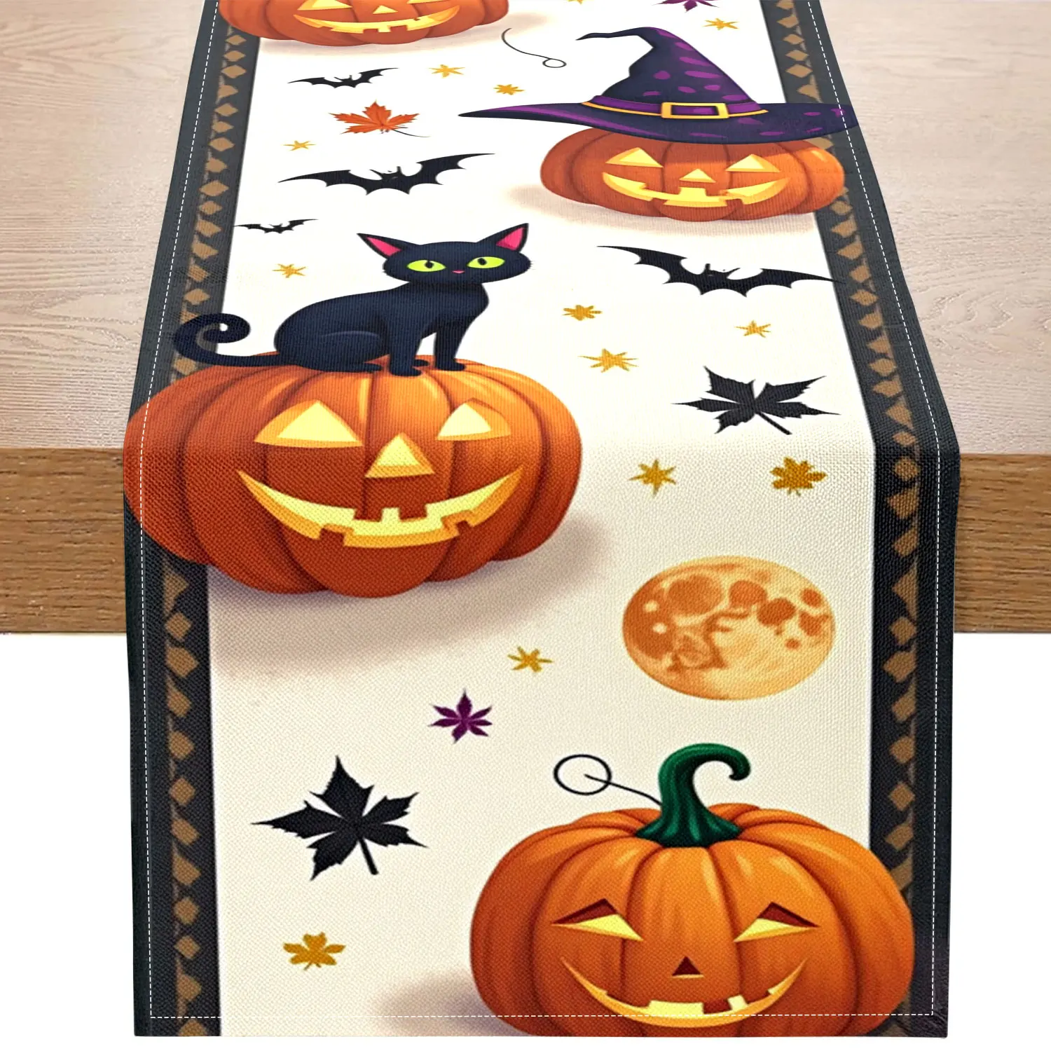 1 Piece Halloween-Themed Table Runner, Featuring Maple Leaves, Pumpkins, Black Cats, and Bat Patterns, Suitable for Halloween Party Decorations