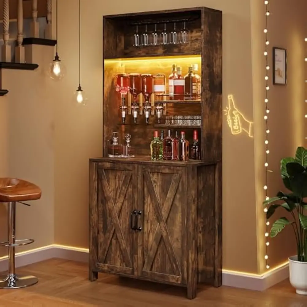 

LED Bar Cabinet with Storage, 71"Tall Wine Bars Cabinet for Liquor & Glasses, 4-Bottle Liquor Dispenser & Wine Rack, Bar Cabinet