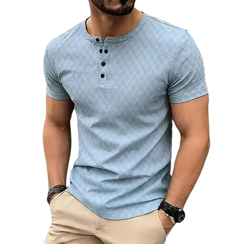

Men's Summer Grid Waffle Solid Color Hip Hop T-Shirt Henry Collar Casual Button Short Sleeve Fashion Streetwear Basic Top Tees
