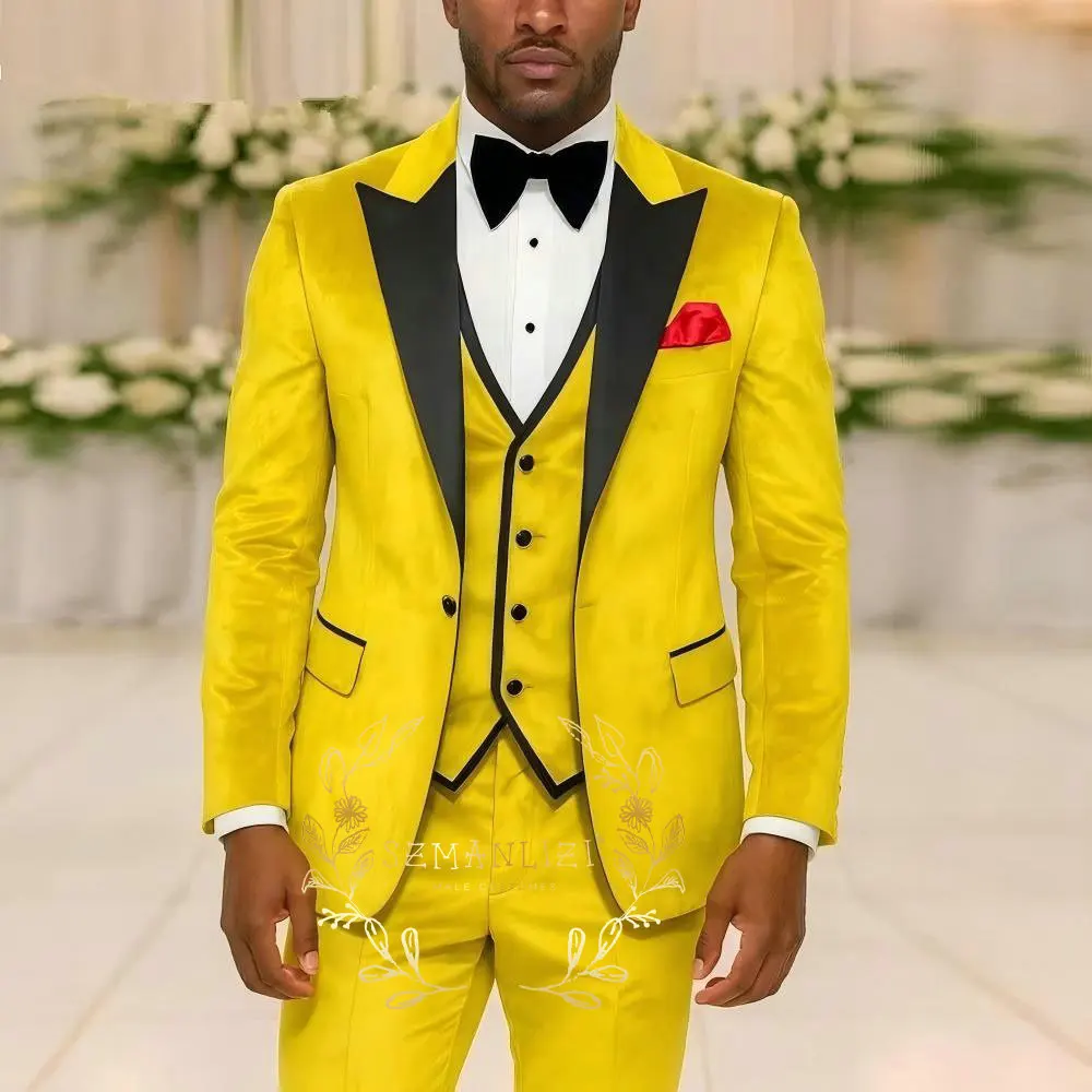 

Business Yellow Velvet Blazer Sets Wedding Men's Suits Slim Fit Custome Homme Elegant Formal 3 Pieces Outfits Jacket+Pants+Vest
