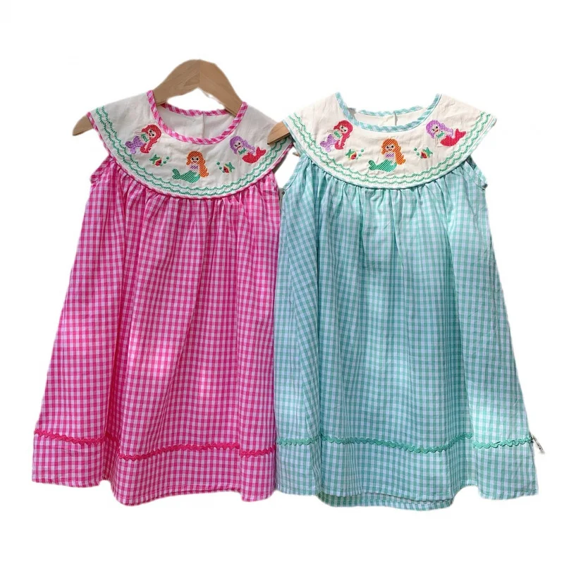 Mermaid Embroidered Plaid 2024 Summer New Sleeveless Western Style Kids\' Skirt