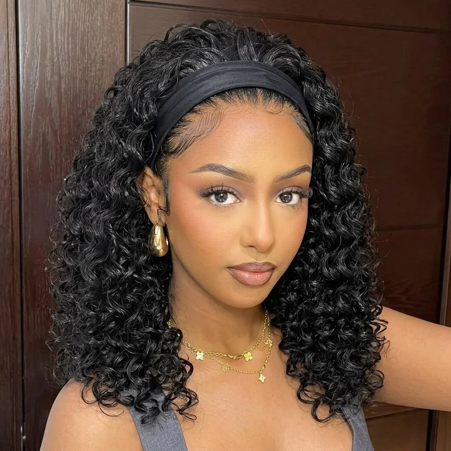 Perruque bandeau bouclée crépue en cheveux humains, ondulations naturelles, densité 180%, entièrement fabriquée à la machine, cheveux noirs naturels pour femmes