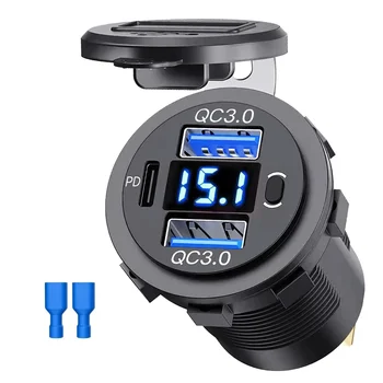 12 فولت USB شاحن سيارة مقبس الطاقة QC3.0 ومنفذ PD شحن سريع مهايئ شاحن مع التبديل لسيارة دراجة نارية RV