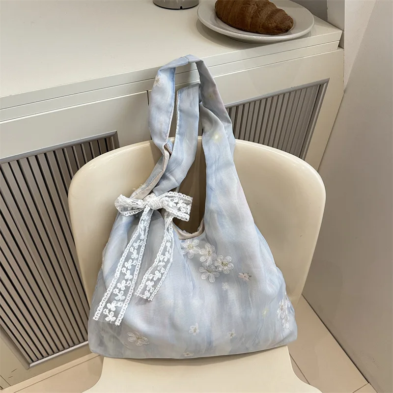 

Flowers Embroidery Tote Bags Elegant Ribbon Decoration Single Shoulder Bag Ladies Leisure Vacation Travel Dating Handbags