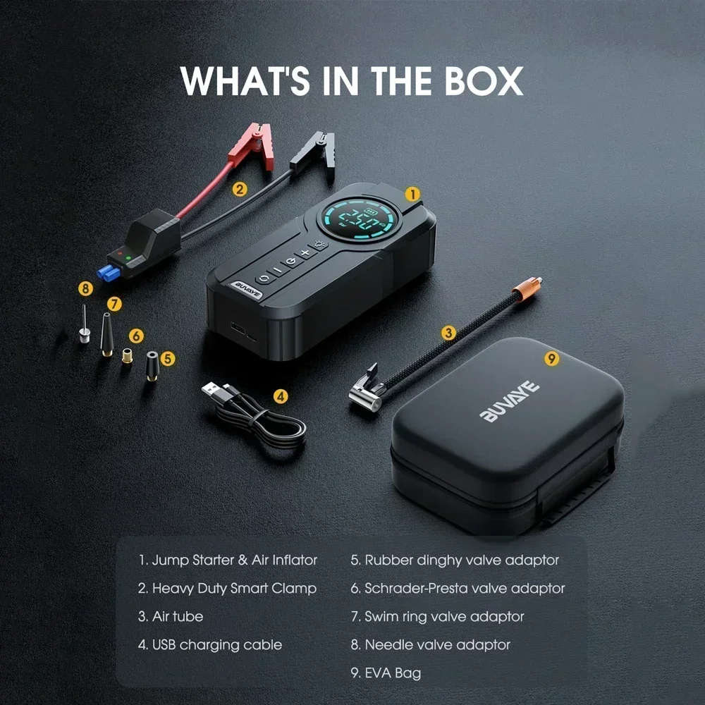 BUVAYE Car Jump Starter Air Pump Multi-function Air Compressor Convenient Tire Inflator Portable Battery Starter With EVA Bag