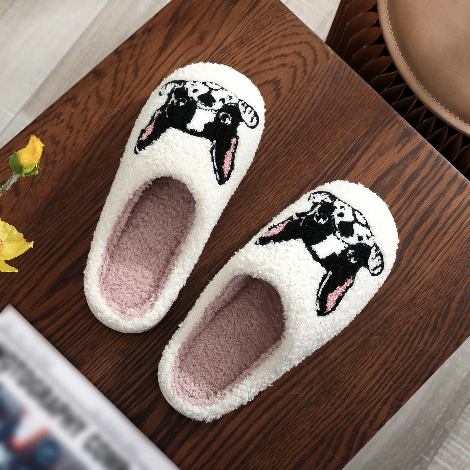 Pet Pattern French Bulldog Embroidery stuffed Home Platform Cozy Furry Cotton Slippers Cute Warm Non-slip Indoor Slippers Pet Mom Gift Men Women Can