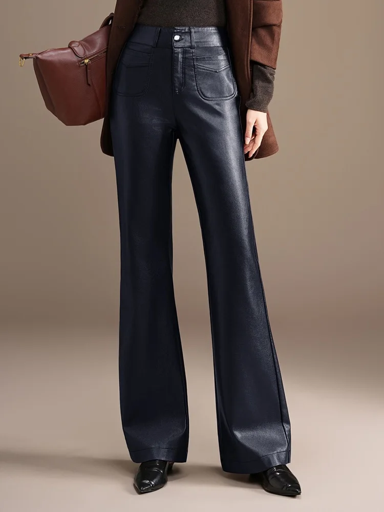 

ZUZK модные утягивающие брюки-клеш из искусственной кожи, новые женские брюки-клеш с высокой талией, брюки из искусственной кожи, модные теплые брюки большого размера