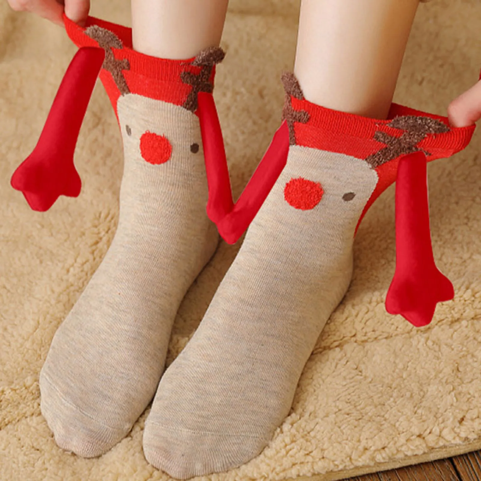 Christmas Hand in Hand Socks Magnetic Suction 3D Doll Socks Novelty Cute Xmas Socks for Women Friends Couples