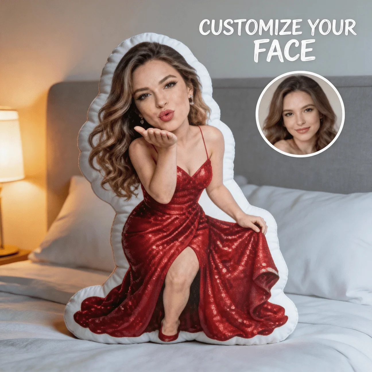 Customized Personalized Photo Face Pillows, Red Dress Portrait Custom Styling Decorative Pads, Sofa and Bedroom Decorative Pillo