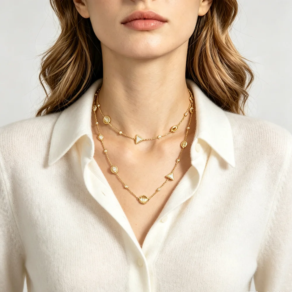 2026 newly launched ocean triangle shell double-layer chain elegant women's zircon necklace paired with the same earring jewelry