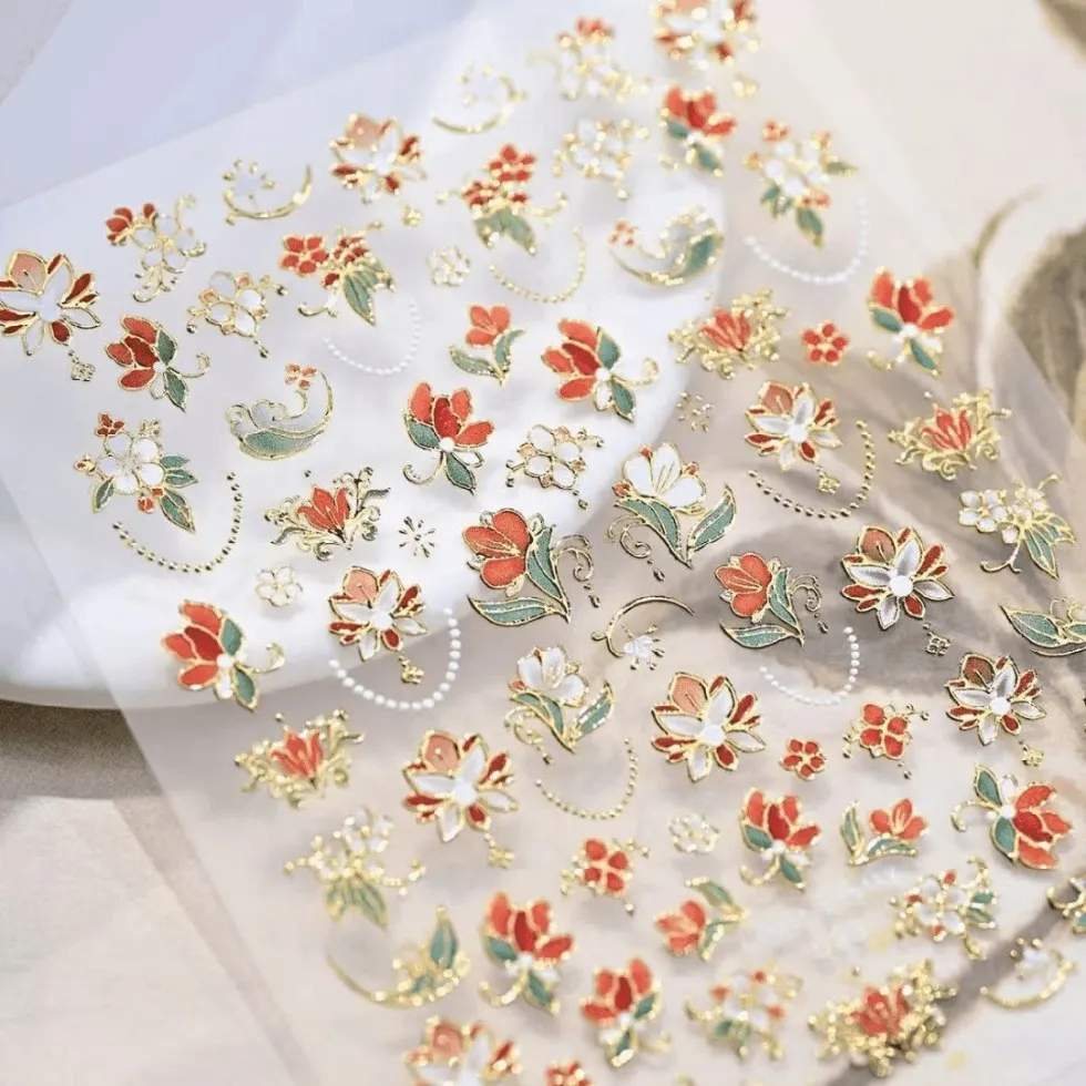 2Pcs Oriental New Chinese Nail Decals, 3D Embossed Flower Cluster, Elegant Floral Self-Adhesive Stickers for DIY Press On Nails