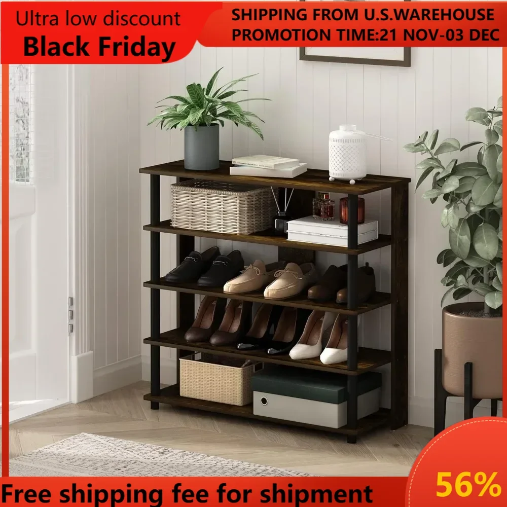 

Turn-N-Tube 5 Tier Wide Shoe Rack, Amber Pine/Black storage cabinet home furniture shoe cabinets